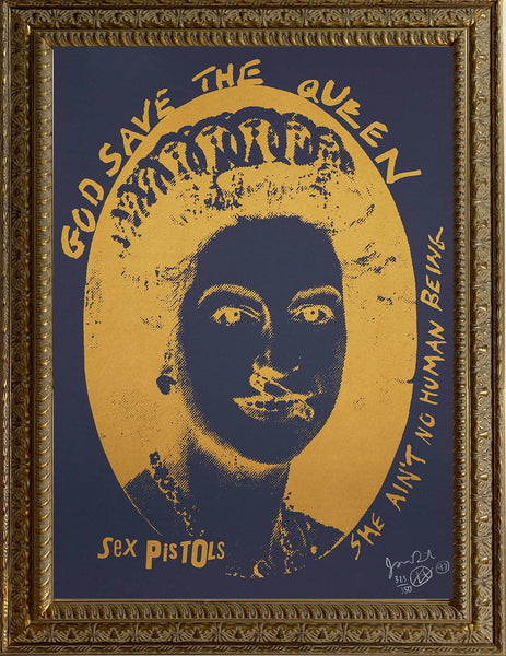 Framed God Save The Queen, Gold On Blue by Jamie Reid | Enter Gallery