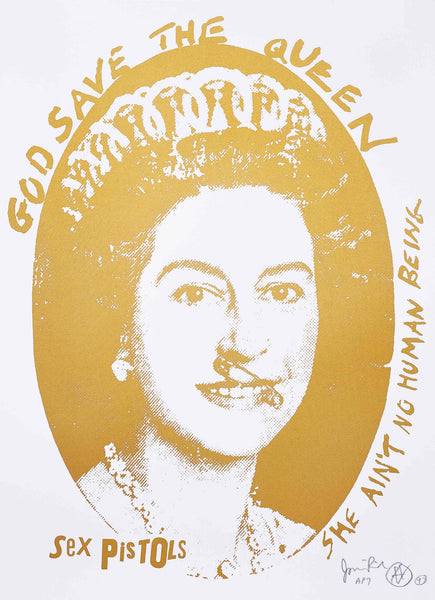 Framed God Save The Queen, Gold on White by Jamie Reid | Enter Gallery