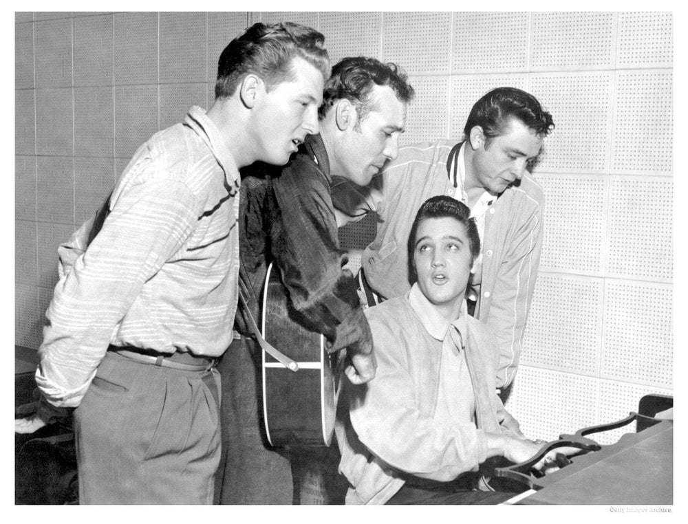 Rock and Roll Musicians Jerry Lee Lewis, Carl Perkins, Elvis Presley and Johnny Cash as The Million Dollar Quartet artwork by Michael Ochs 
